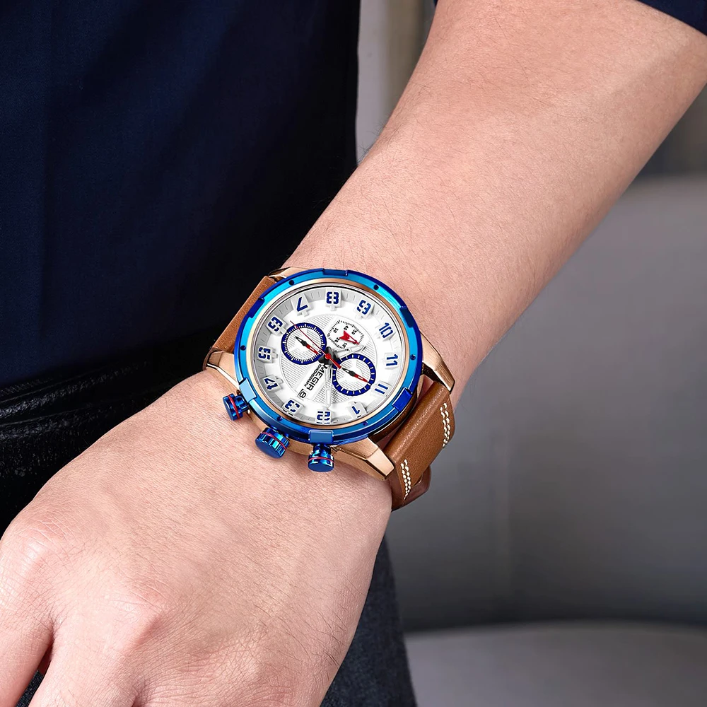 MEGIR 2062,2081,2082,2076,2103,2094,2070 Sports Quartz Watches Men Chronograph Leather Waterproof Wristwatches Relogio Masculino