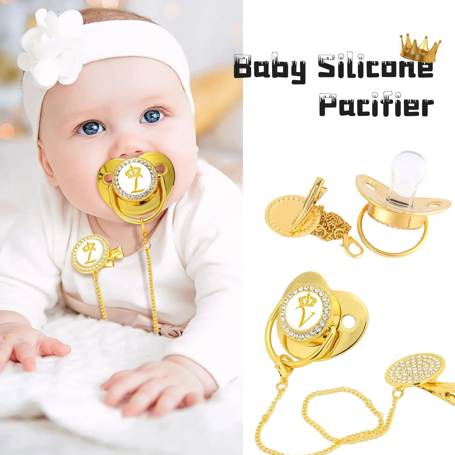 26 Letters Crown Print Gold Silicone Soother For soothing and comforting teething babies Perfect gift With dust cover and chain