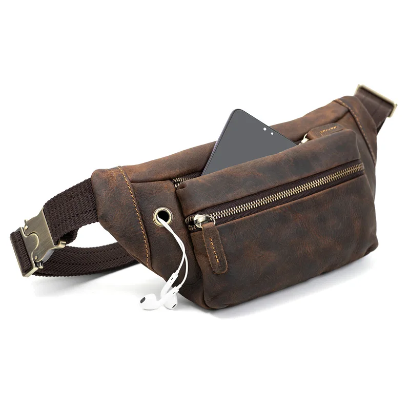 3617 Men's Retro Genuine Crazy Horse Leather Multifunctional Waist Bag, Casual Crossbody, Layered Leather Phone Bag