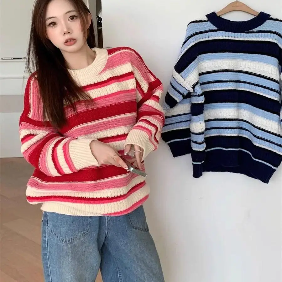 

Свитер мужской и женский, очень большой размер, 300 пу, в полоску, круглый вырез, трикотаж, повседневный, весна-осень, высококачественный, цветной, для пар