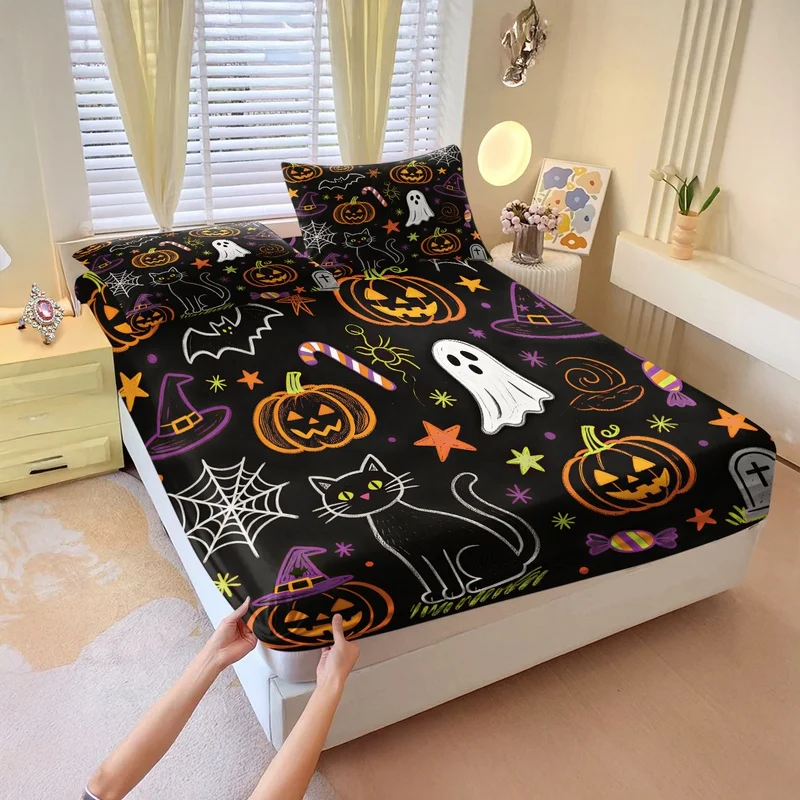Cute Halloween Fitted Sheet Set Cartoon Ghost Black Cat Pumpkin Tombstone Print Bed Sheet Sets Kawaii Bedroom Decor Holiday Gift