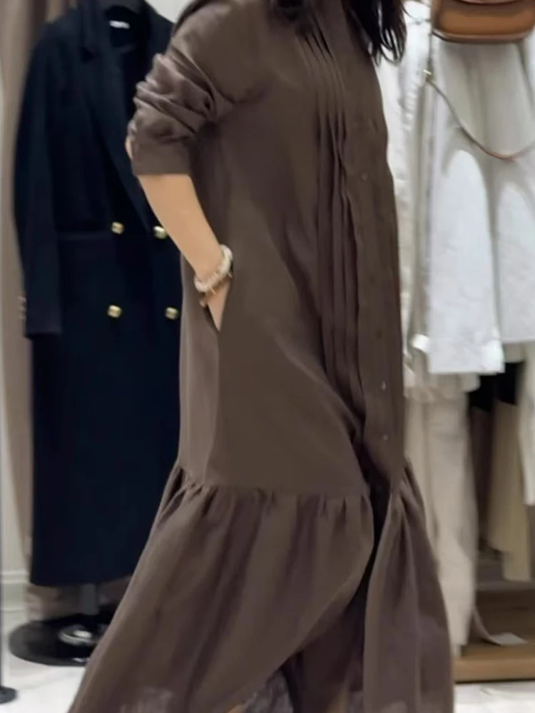 Autumn New Long Sleeve Loose Pleated Dresses Vintage Lapel Single Breasted Shirt Dress Elegant Pocket Solid Color Commute Dress