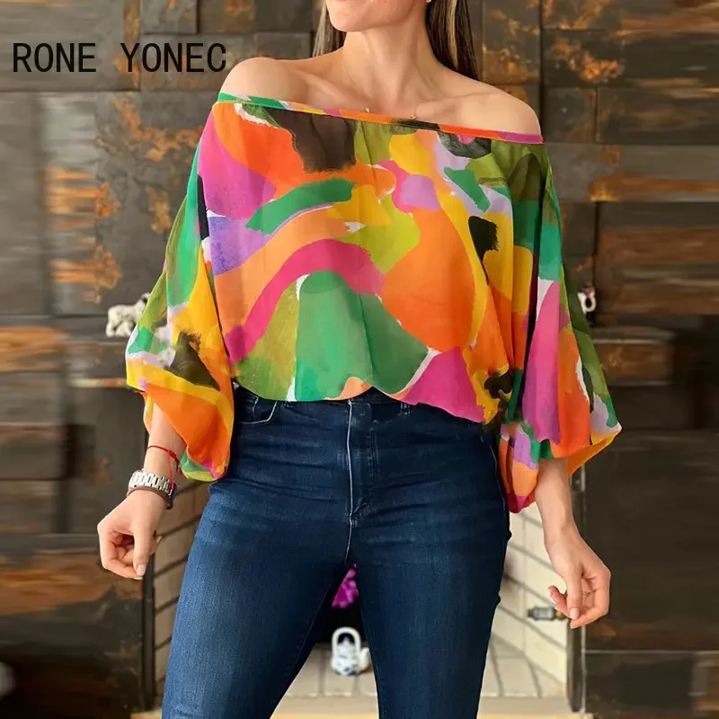 Women Tops 2023 Off Shoulder Allover Print Lantern Sleeve Top Women Blouse