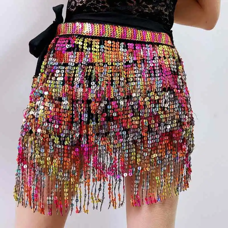 Cintura con frange di danza del ventre sciarpa con paillettes vestito da Festival gonna da ballerina multicolore abbigliamento da spiaggia vestito Rave discoteca Sexy