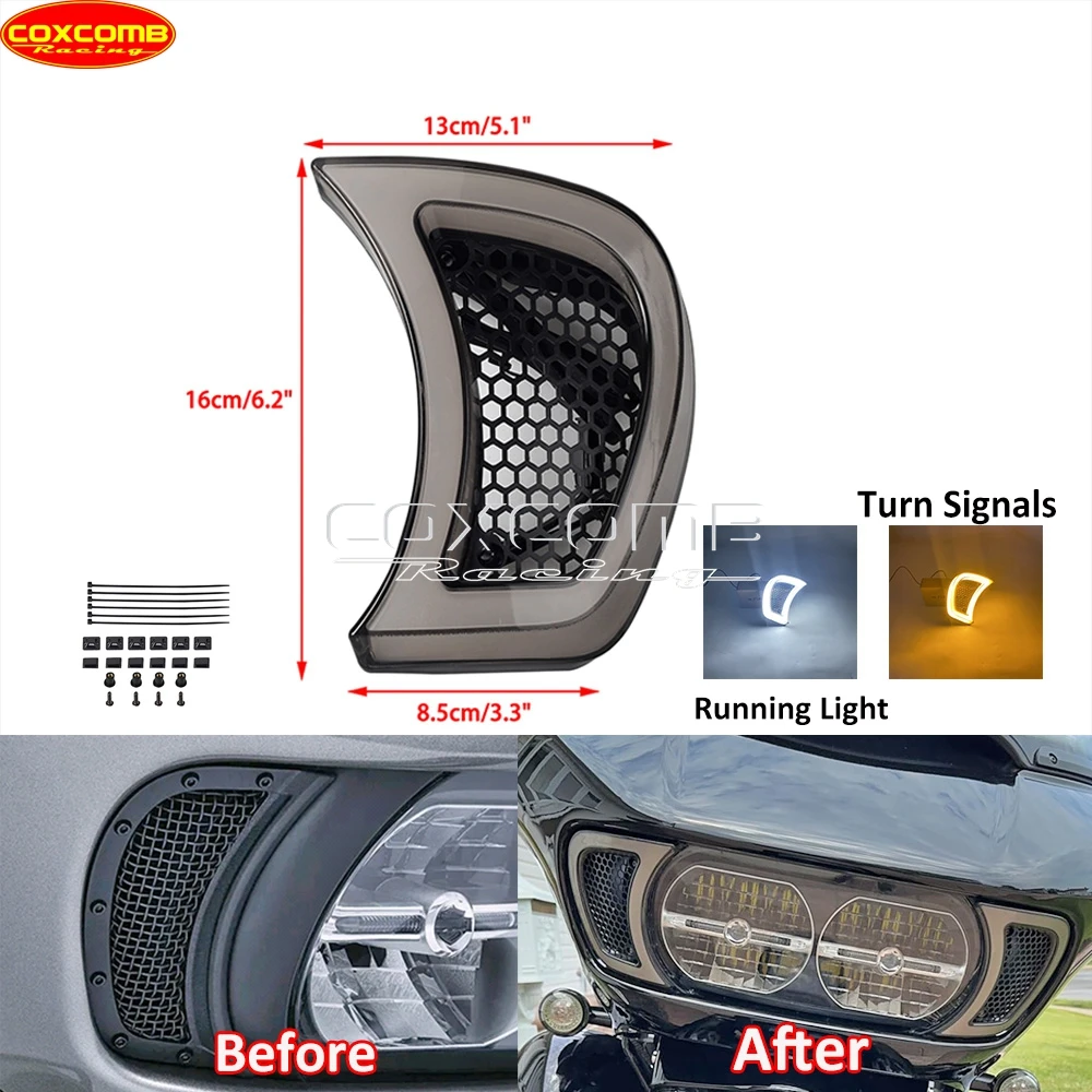 Motorcycle LED Headlight Vent Accent Trim Light Amber Turn Signal Lamp For Harley Road Glide FLTR Ultra FLTRU FLTRX FLTRXS 2015+