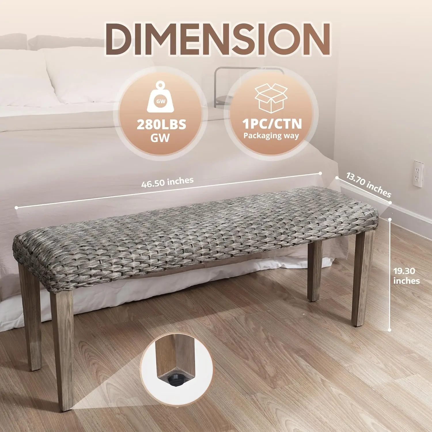 Outdoor Rattan Backless Bench with PE Wicker & Acacia Wood Frame, Grey | All-Weather Wicker Woven Seat for Patio, Porch, Living