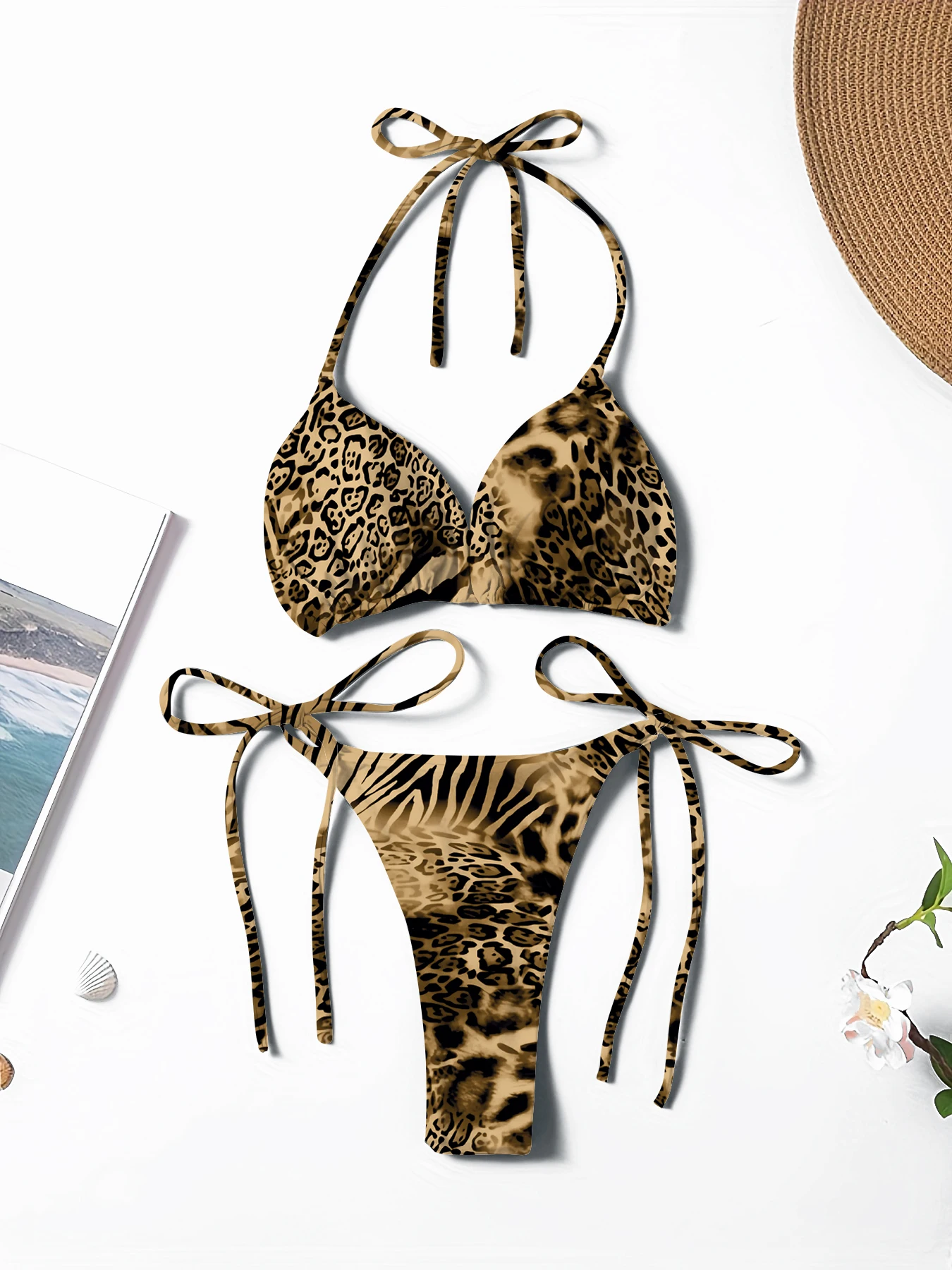 New Printed Hot-Selling Sexy and Fashionable Lace-Up Halter Neck Women's Two-Piece Bikini Swimsuit
