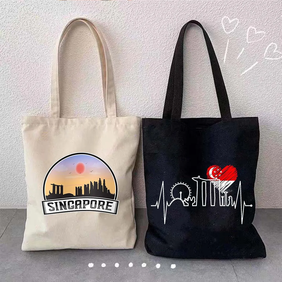 Retro Travel Coat of Arms Singapore Flag Map Shophouse Skyline Heart Souvenir Shoulder Canvas Tote Bag Shopping Shopper Handbags