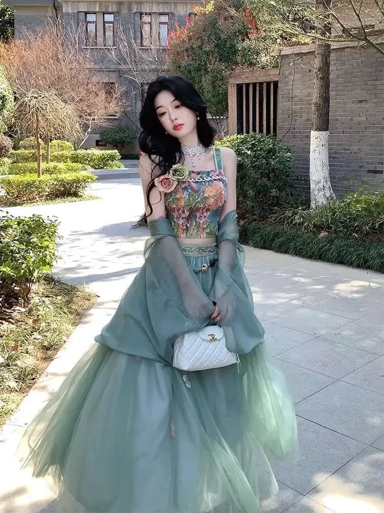 絶妙な気質の高級感ジャカードサスペンダーメッシュスカートカーディガン3点セットスーツ2025新作夏セット