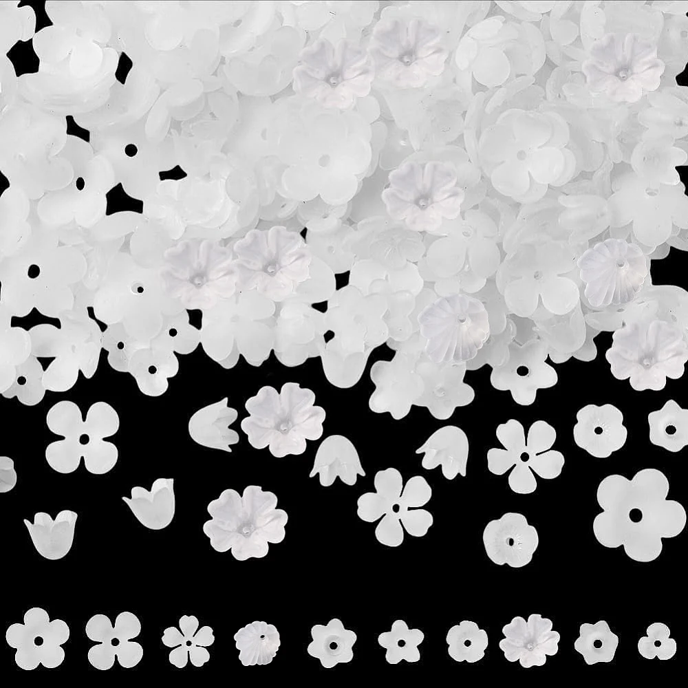600Pcs 10Styles Acrylic Flower Beads White Lily Flower Beads Frosted Plastic Trumpet Bell Floral Spacer End Caps for Jewelry