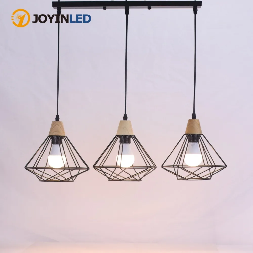 

JOYINLED Industrial 3-Heads Pendant Lights Modern Wooden Iron Hanging Lamps Vintage Metal Cage Lighting Fixture E27 Chandelier