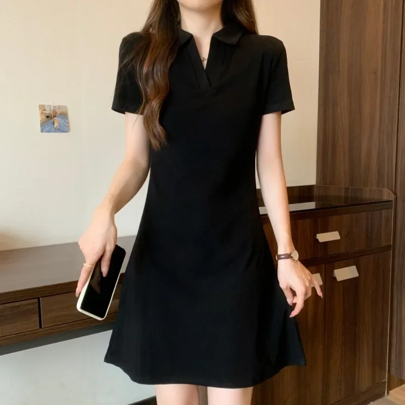 Cotton polo neck slim Joker women's dress short black skirt