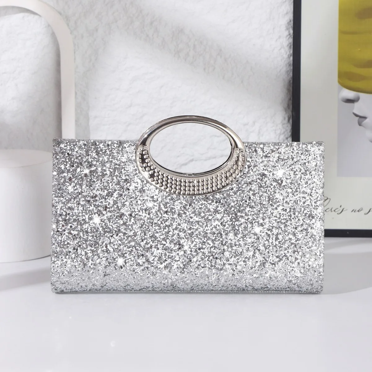 

Sparkly Silver Glitter Clutch Bag with Rhinestone-Embellished Handle for Evening Party & Formal Occasions