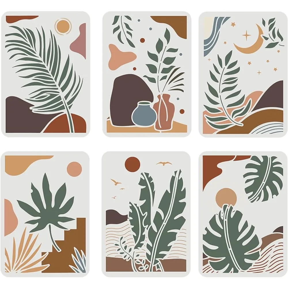 6PCS Boho Leaves Painting Stencil 11.7x8.3 inch Plants Hill Sun Moon Vase Nature Stencil Tropical Plant Stencil Summer Pattern