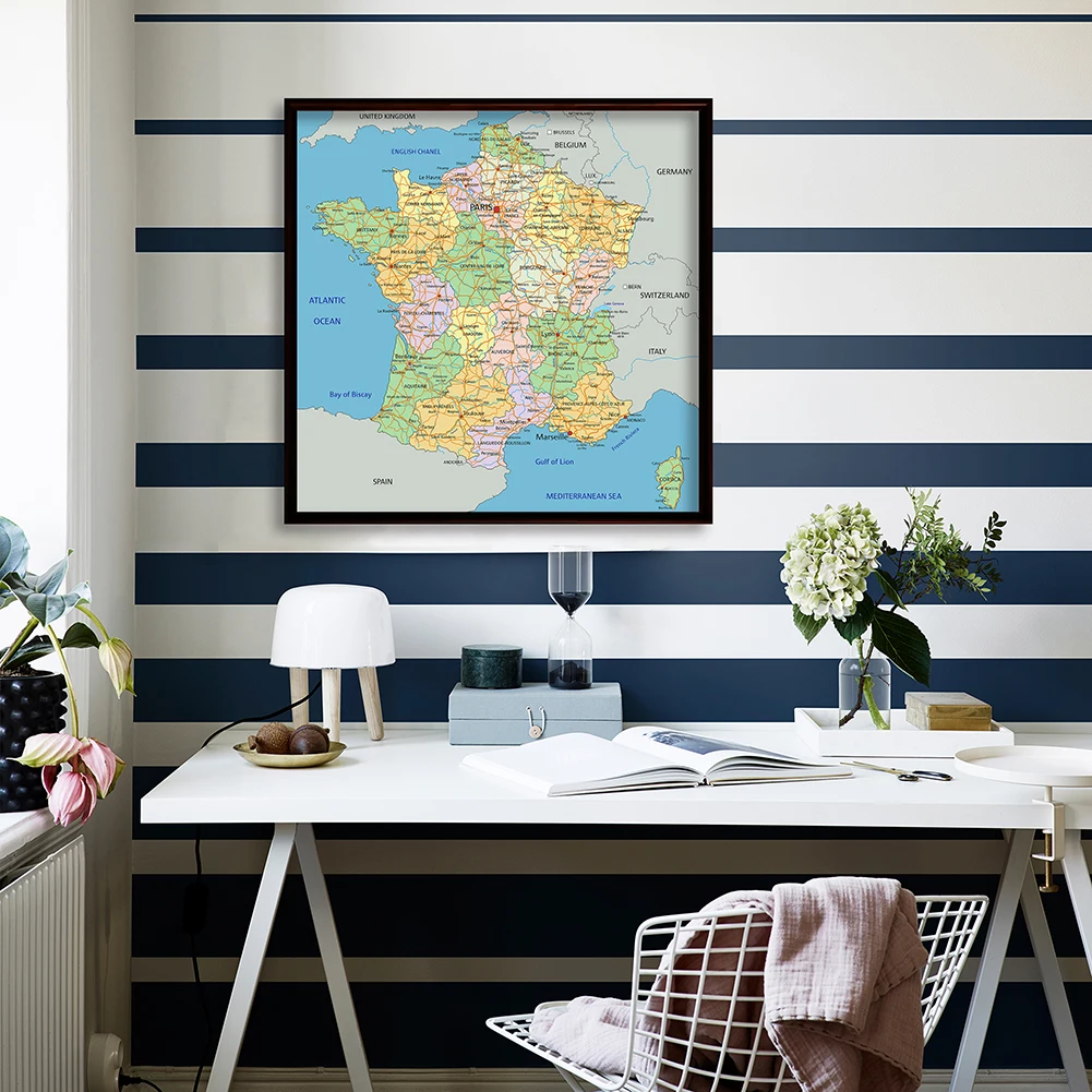 Mapa Francji włóknina na płótnie malarstwo ścienne plakat artystyczny salon Home Decor biuro szkolne w języku francuskim 90*90cm