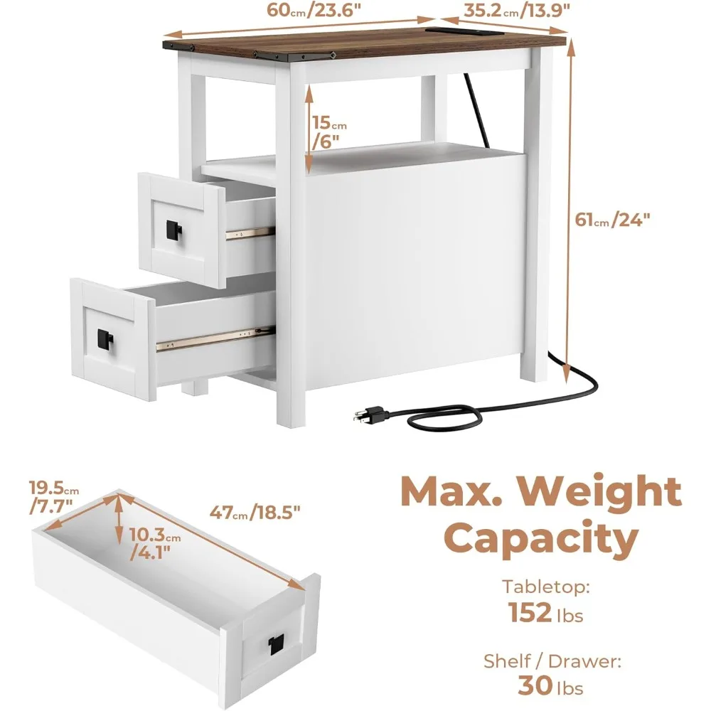 Meja Nakas Gaya Pedesaan dengan Stasiun Pengisian Daya dan Dua Laci, Meja Samping Tempat Tidur Model Pintu Gudang dengan Rak, Meja Samping Bergaya Pedesaan
