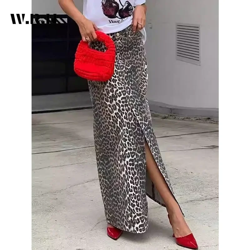 2024 Summer Vintage High Street Leopard Printting Mid Long Skirts Women Casual High Waist Retro Hotsweet A-Line Slit Denim Skirt