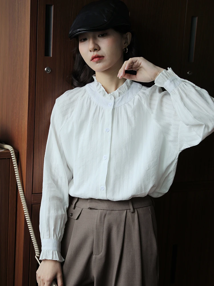 

Весна 202, женский воротник-стойка irt с кружевной отделкой, белый винтажный текстурный дизайн, свободный крой, длинный све, однотонный цвет, на пуговицах