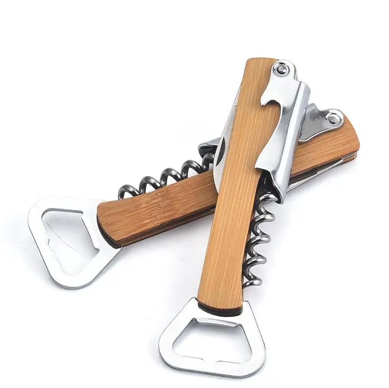 100Pcs Bamboo Handle Stainless Steel Hand-Held Deluxe Bottle Opener Corkscrew Double Hinge Waiters Wine Bottle Opener ni446