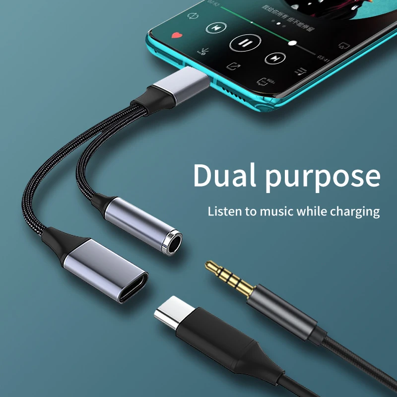 2in1 USB C to AUX 3.5mm Audio Cable PD60W Fast Charging Cable Type C to 3.5mm Aux Cable for Xiaomi Redmi Huawei Samsung Earphone