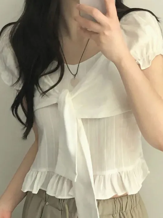 Csa Curta Fena com Laço Estilo Coreano, Manga Bufante com Babados e Estampa de Borboleta, Estilo Casual de Verão, Caim...