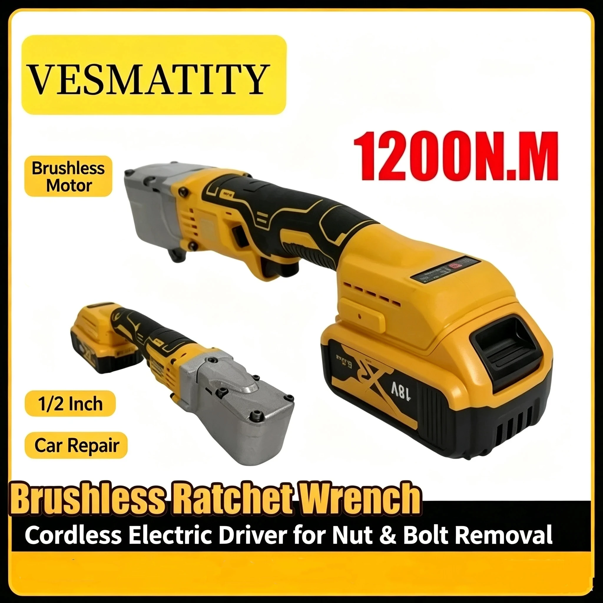 20V Brushless Cordless Ratchet Wrench, 1/2 Inch, 1200NM Battery Powered Electric Wrench for Auto Car Repair Nut Removal