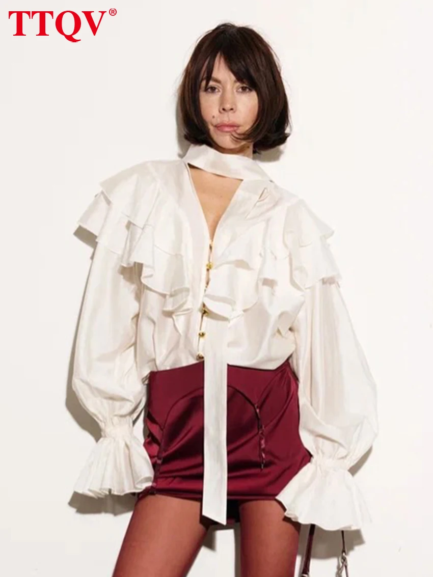 

TTQV Fashion Loose White Women's Shirt 2026 Spring V-Neck Long Sleeve Lady Shirts Elegant Classic Ruffles Top Female Clothing