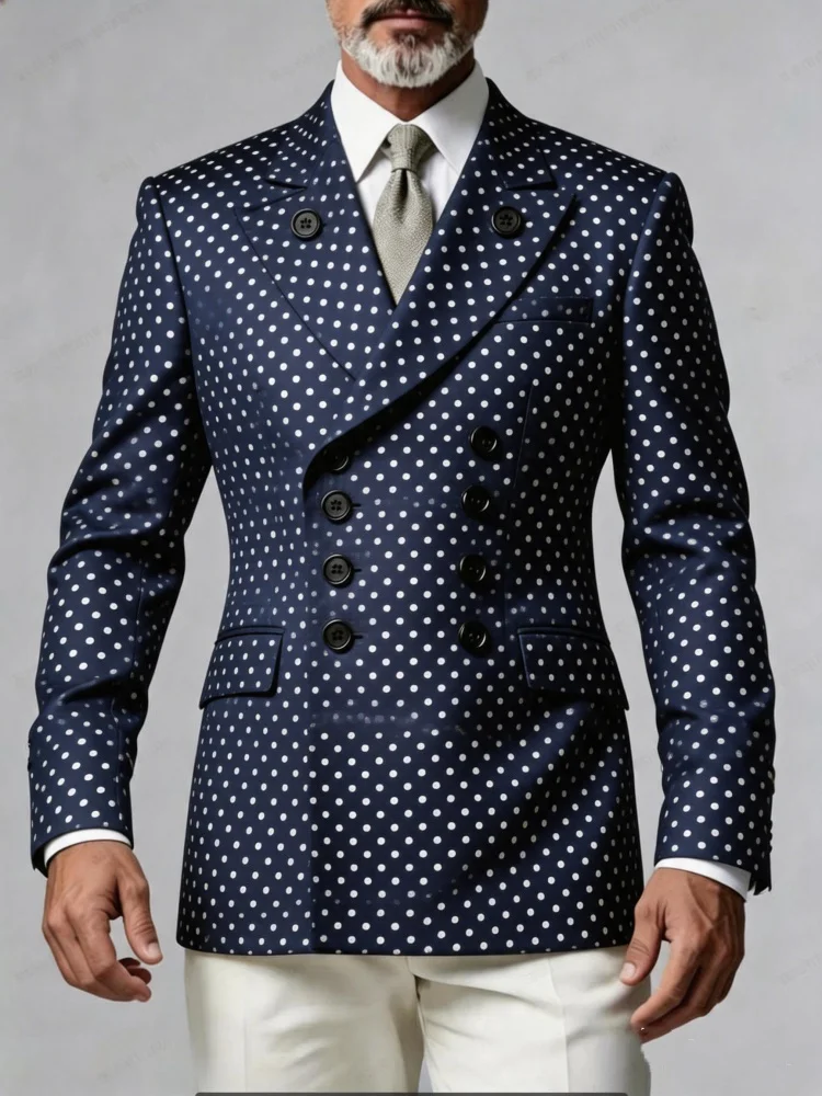Mens Slim Fit Navy Blue Polka Dot Double Breasted Suit Jacket Elegant Business Blazer