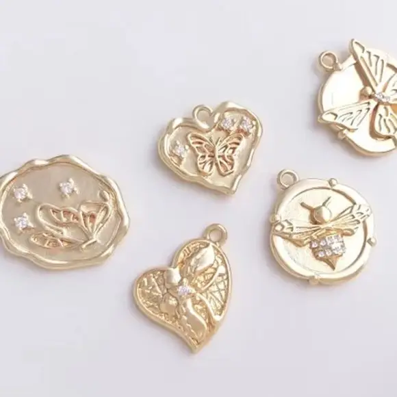 14K Gold Inlay Zirconia Fluorite Bead, Bee and Butterfly Tag, DIY Bracelet and Necklace, Charm Jewelry Pendant