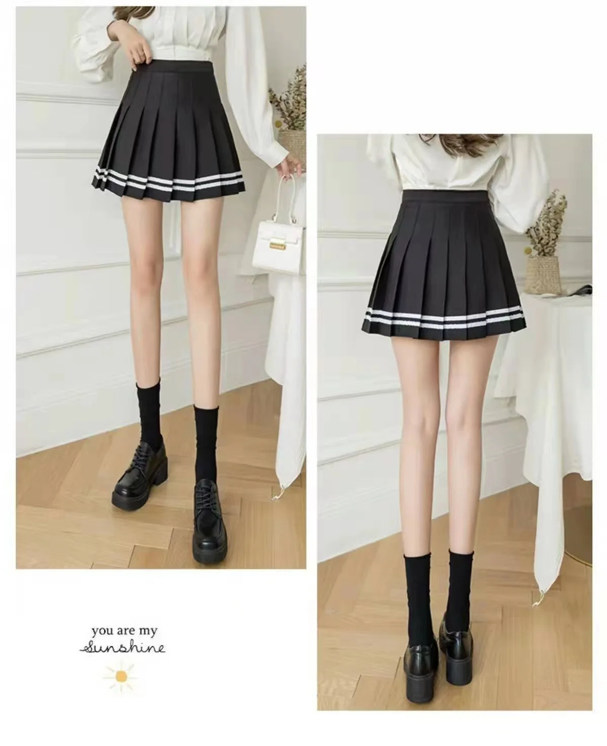 Spring and summer new striped a-line skirt pleated college style high waist side zipper skirts for women students