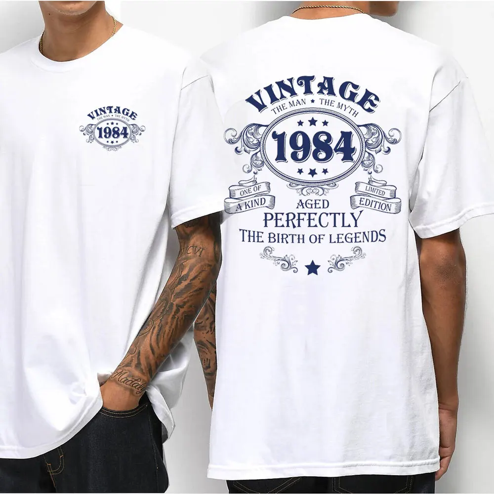 40th Birthday Cotton Shirt for Men Legends Were Born in 1984, Vintage 40 Years Old T-Shirt Left Chest Full Back Print Tee Tops