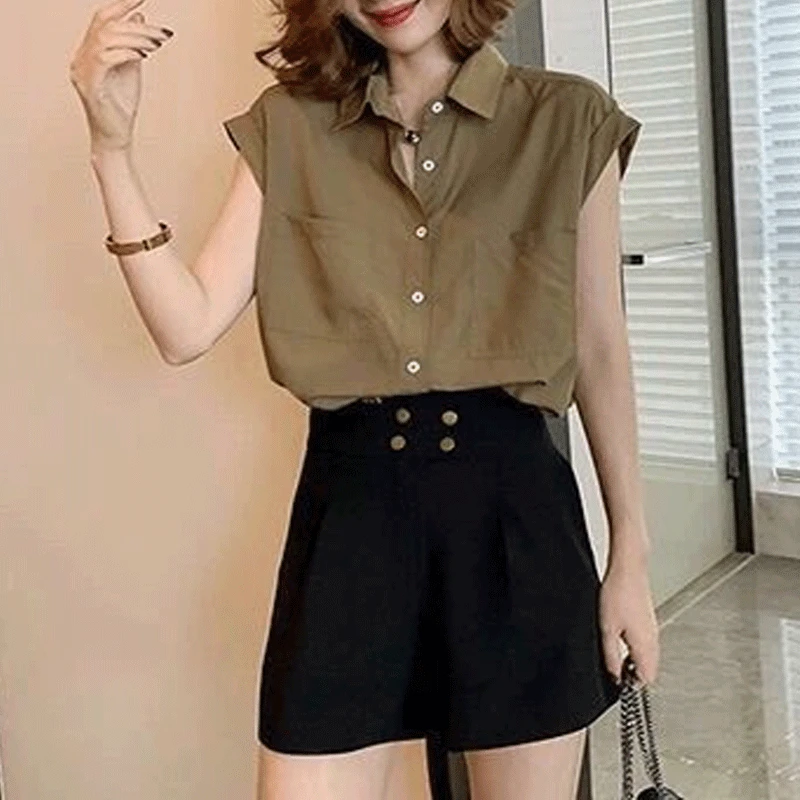 2023 Women\'s Summer Loose Sleeveless POLO Collar Single Breasted Panel Pocket Solid Color Short Fashion Casual Versatile Blouse