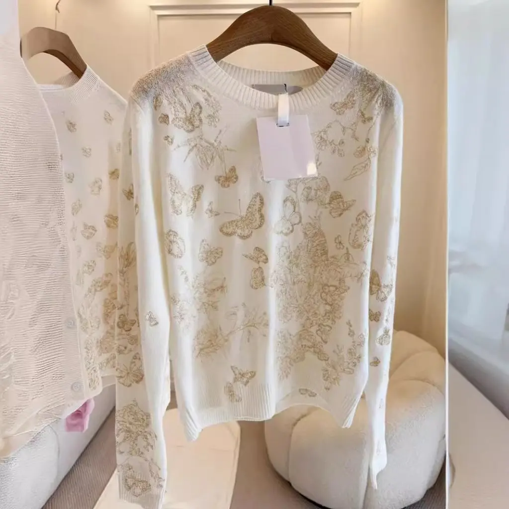 

D Home Women's Gold Silk Embroidered Butterfly round Neck Pullover Sweater High Quality Wool Cashmere Early Spring New