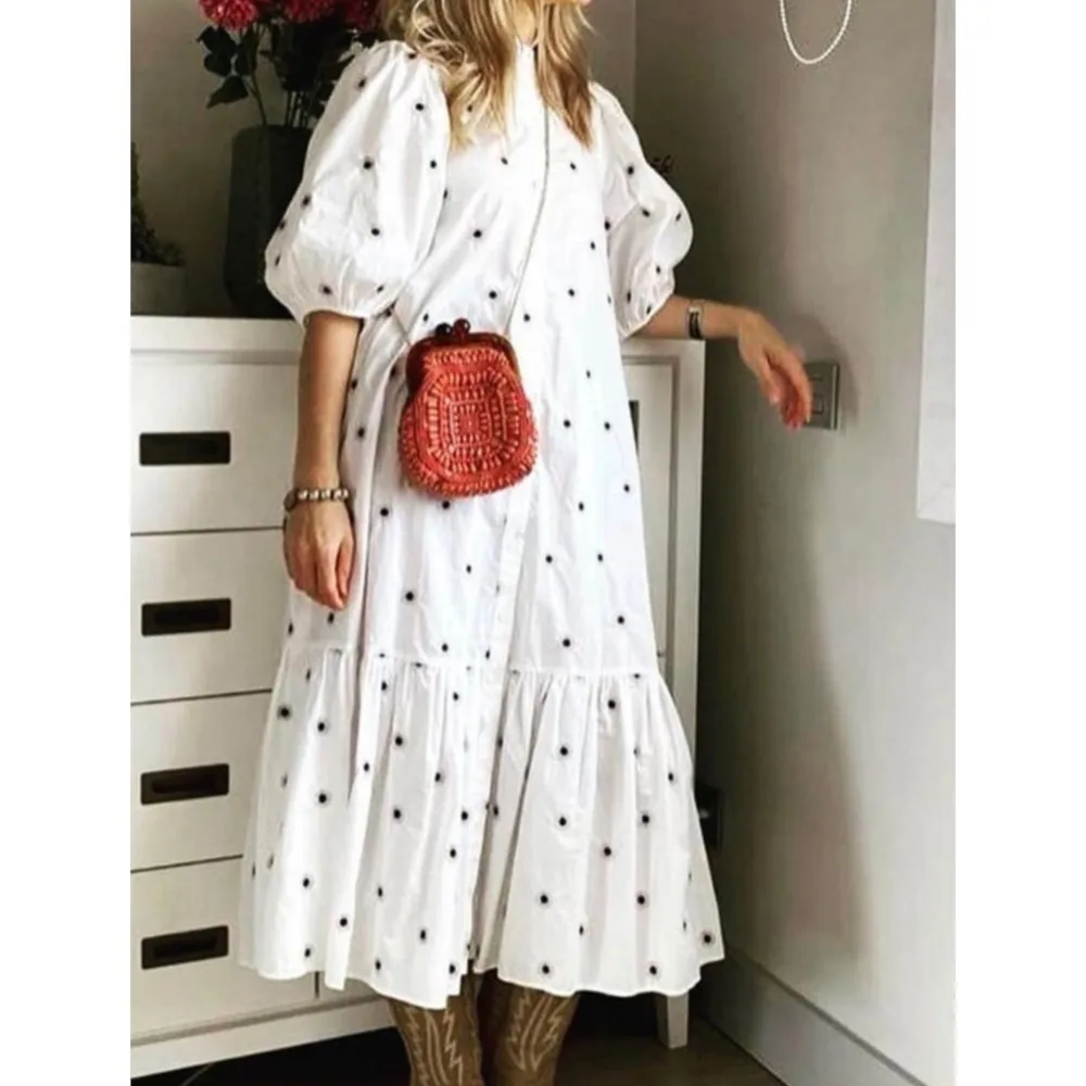 Fashion Printed Polka Dot Stand-up Collar Women's Loose Shirt Dresses Summer Casual  Elegant Female Beach Party Home Wear Dress