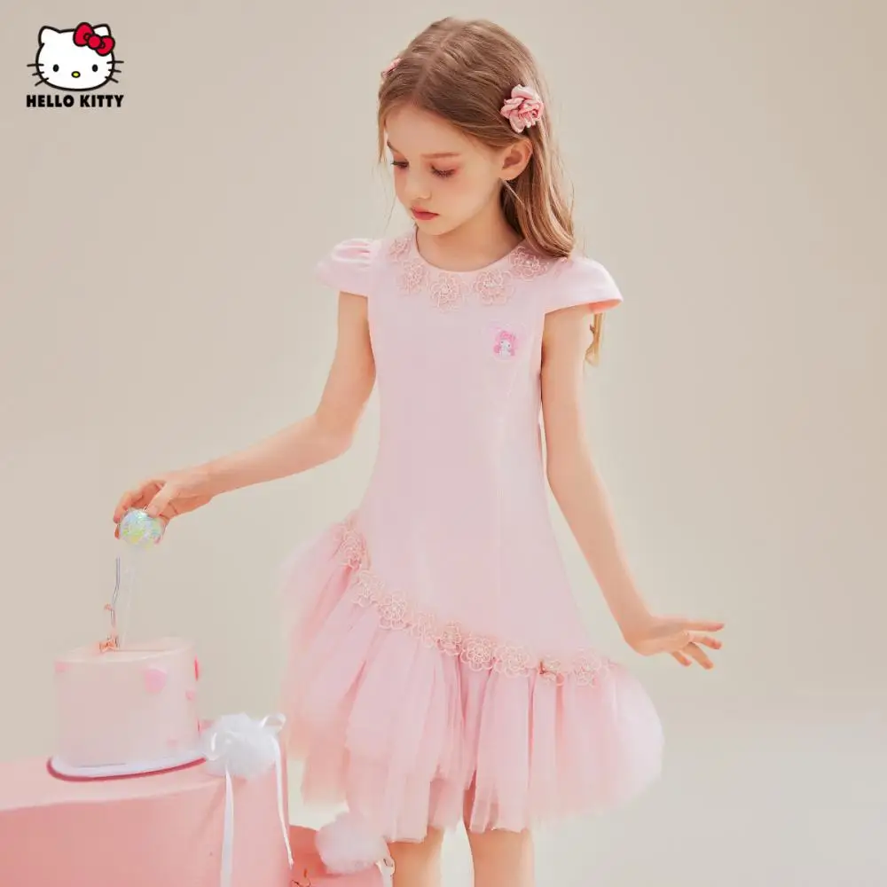 

Платье для девочек Sanrio Hello Kitty, новая летняя сетчатая юбка принцессы, детская юбка с короткими рукавами и милыми цветами, подарок на вечеринку с героями мультфильмов