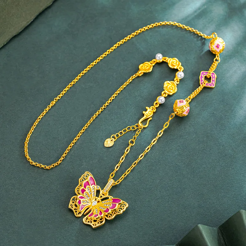

9999 24K real gold store same style women's gold necklace mirror butterfly pendant sexy collarbone chain luxury jewelry