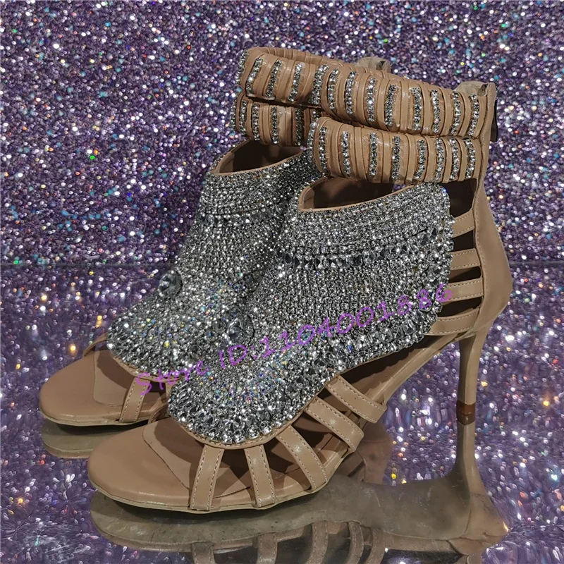 Luxury Design Crystal Women Sandals Bling Rhinestone Open Toe Hollow Back Zipper Stiletto Heels Party Banquet Shoes Big Size 47