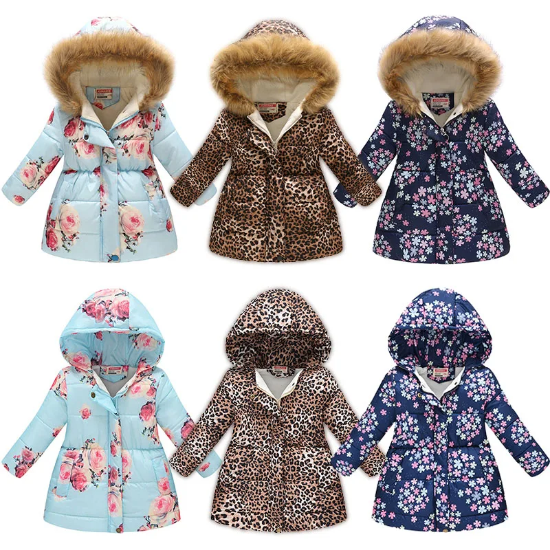 Winter Baby Girls Cartoon Printed long Jacket Kids Keep Warm Thick Leopard Parkas Coats Children Girls Outerwear Girls Clothes