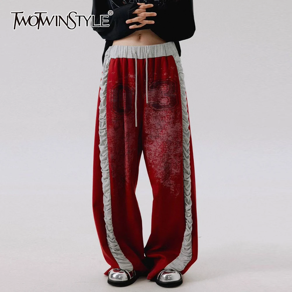TWOTWINSTYLE Colorblock Spliced Lace Up Trousers Female High Waist Patchwork Folds Sporty Style Women's Pants Autumn New Fashion