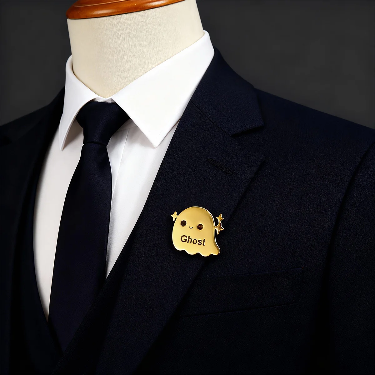 Retro Ghost Name Brooch For Men Gold Color Stainless Steel Letter Brooch Hip Hop Party Halloween Gift