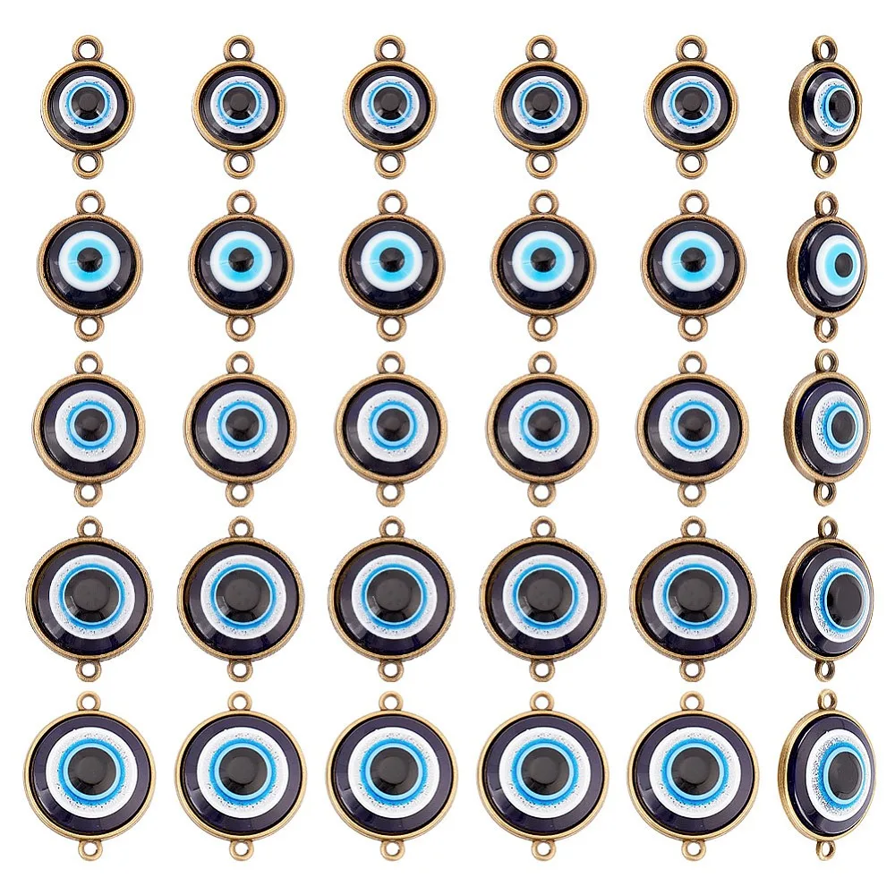 30 Pcs Turkey Eye Connectors 5 Different Sizes Bronze Evils Eye Pendants Flat Round Pendants for DIY Bracelet Decorative Crafts