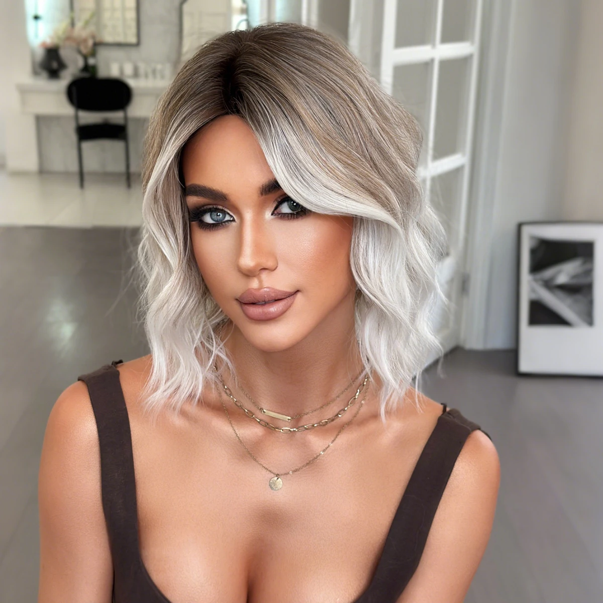 7JHH WIGS Short Water Wave Brown Ombre White Wig for Women Synthetic Modest Fashion Middle Part Brown Bob Wigs with Dark Roots - view 3