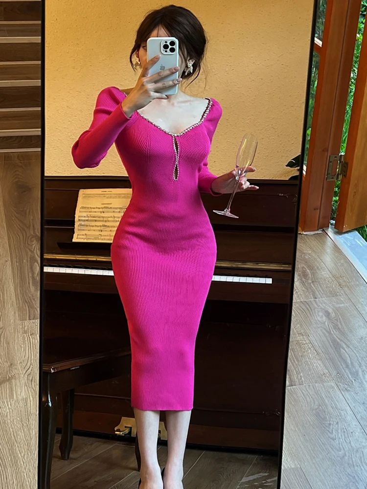 春の女性用高級ダイヤモンドVネックニットスリムパーティードレスヴィンテージエレガントファッション長袖セクシーボディコンドレス女性用