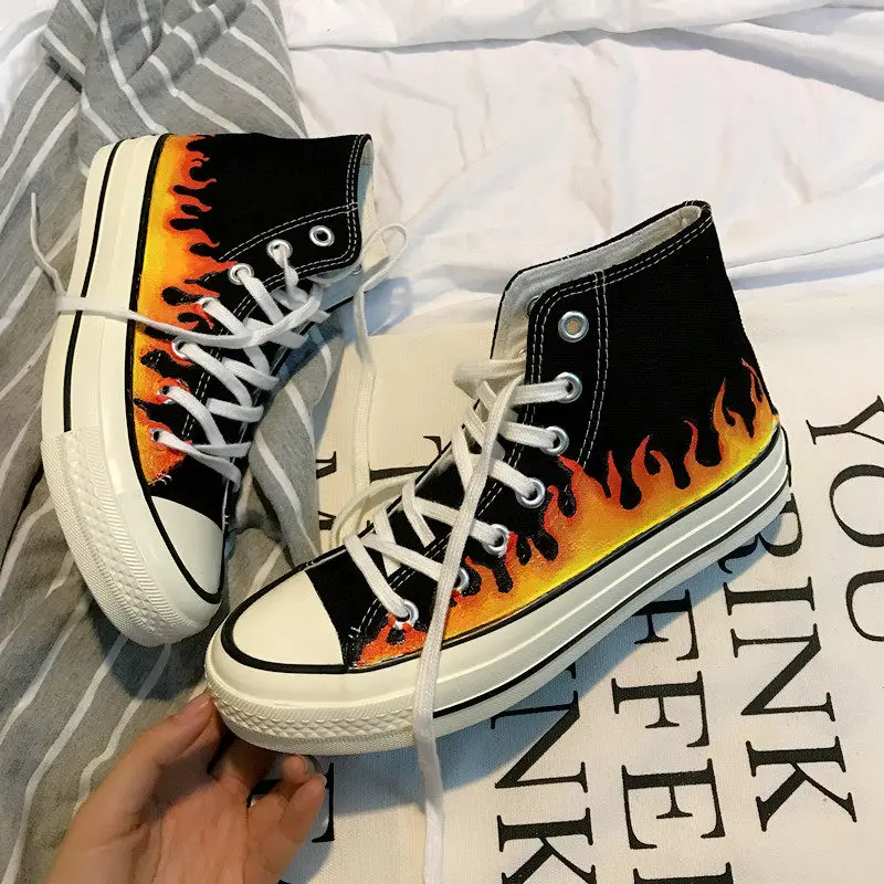 Women's Korean Style Black High-top Canvas Sneakers With Hand-painted Flame Design Casual Streetwear Shoes