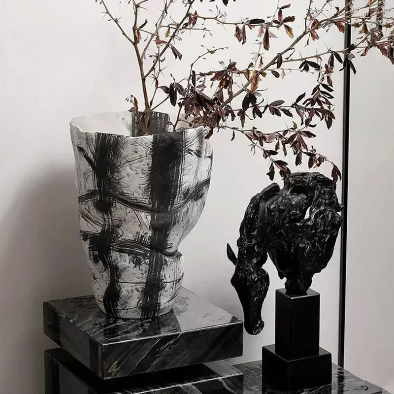Modern Black White Art Ceramic Vase Minimalist Flower Arrangement Home Decor Living Room Office Table Centerpiece Soft