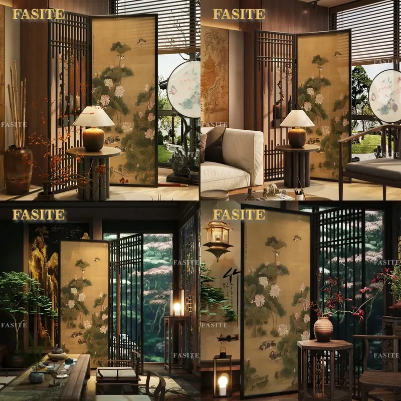 For New Chinese Style Bird Screen Partition Living Room Tea Room Background Decoration Blocking Foldable Solid Wood Fence