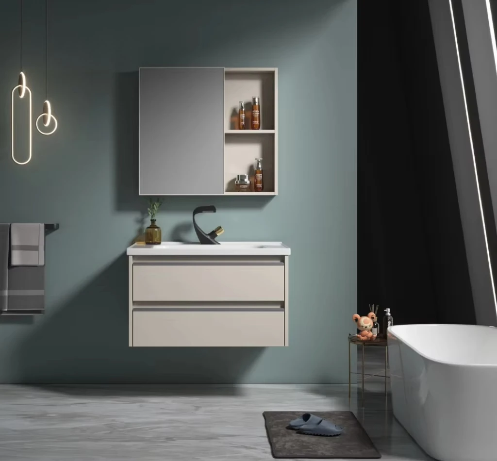 

Modern Light Luxury Water Resistant Aluminum Bathroom Vanity Cabinet with Ceramic Basin LED Mirror Wall-Mounted Sanitary Ware