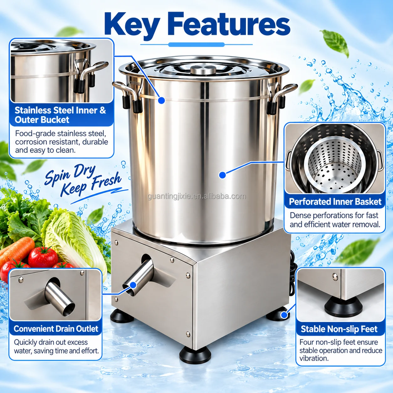 Commercial Spinner for Fruits and Vegetables Stainless Steel Vegetable Spin Dryer for Central Kitchen
