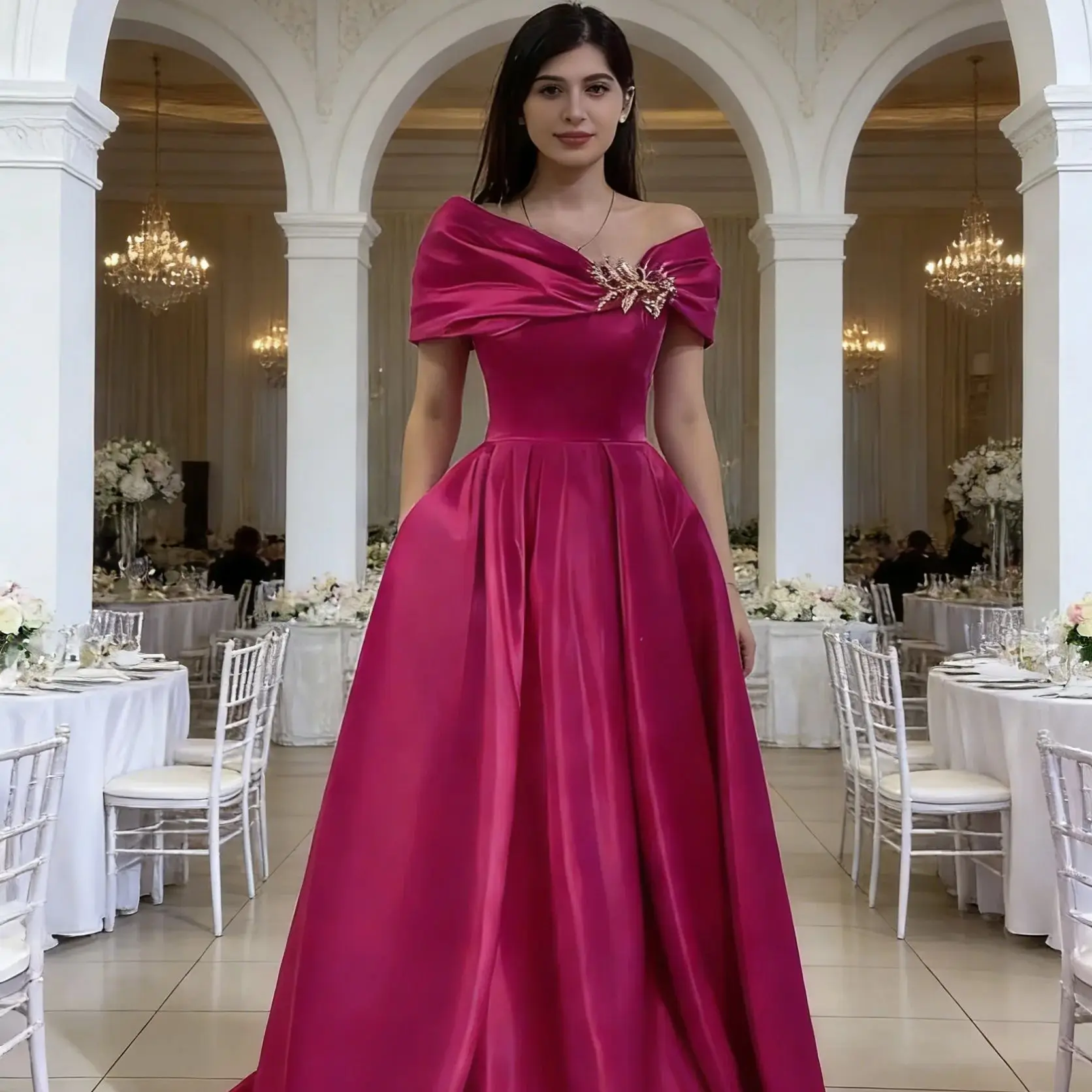 Hidais Gorgeous Fuchsia Off the Shoulder Beading Mermaid A Line Long Prom Dress Women Formal Evening Party Gown