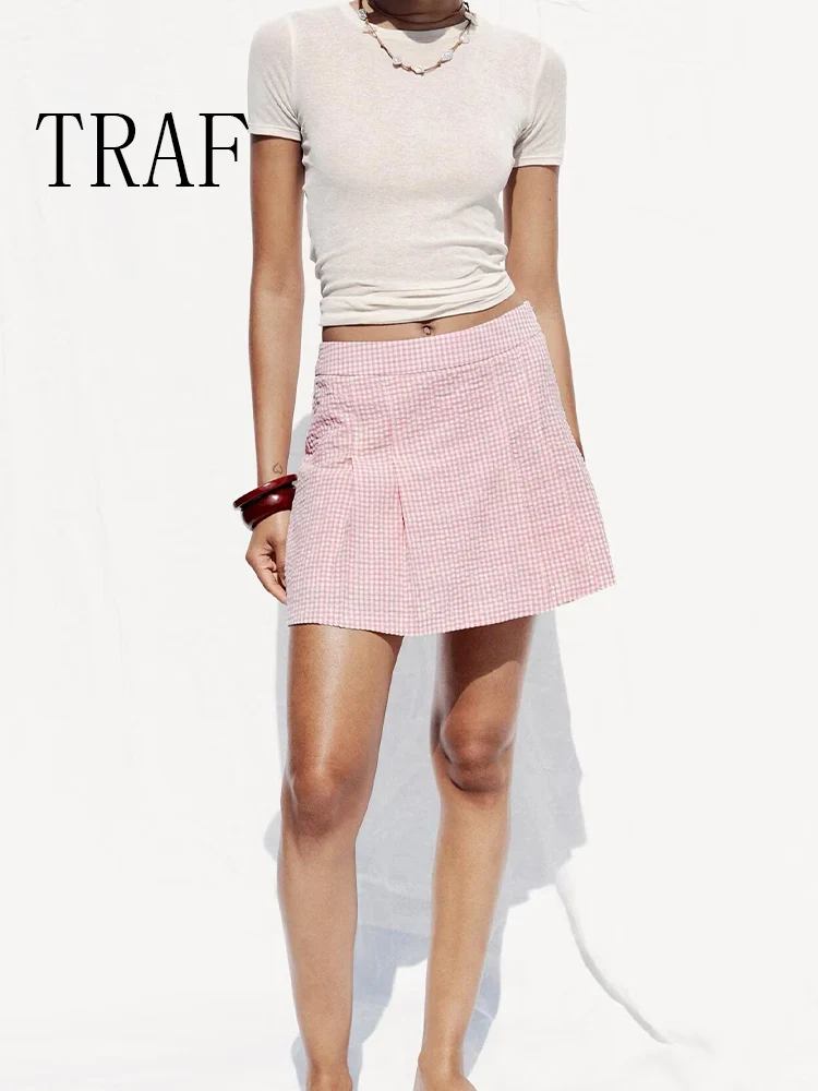 

TRAF European and American style summer new women's small plaid girl style casual fashion mini A-line short skirt pants